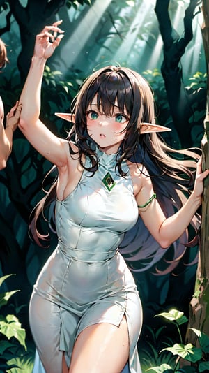 An elf girl walking in the forest, a white dress, a dimly lit forest, rustling trees, sunlight filtering through the trees, and being attacked by goblins.