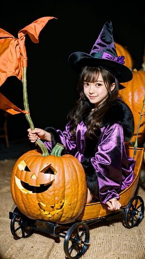 Girl riding a pumpkin carriage, pumpkin, Halloween, horse, cute magical girl, 2.5D anime style,
