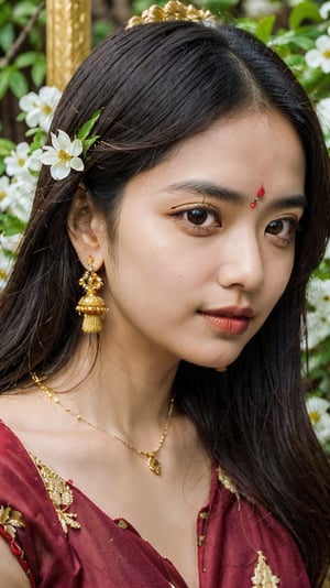 Create a portrait of a beautiful South Asian woman with detailed features and makeup. Her long, flowing black hair is adorned with small white flowers. She wears a rich red saree with intricate golden embroidery and a delicate gold necklace. Her earrings are traditional gold jhumkas. She has striking large brown eyes, rosy cheeks, and her look is completed with a small red bindi on her forehead. The background features lush green leaves, adding a vibrant natural feel to the image. The overall style is hyper-realistic with a focus on fine details and vibrant colors. , Anime style