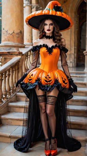 (Princess standing in a palace), 20 years old, looks like a pumpkin skirt, black fishnet stockings, Halloween, a big pumpkin hat, red high heels, an orange dress with glitter,see-through,hair flower