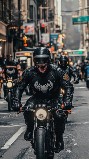 Police are chasing Venom on a motorcycle as he flees on a bicycle.