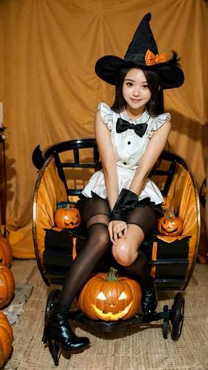 Girl riding a pumpkin carriage, pumpkin, Halloween, horse, cute magical girl, 2.5D anime style,
