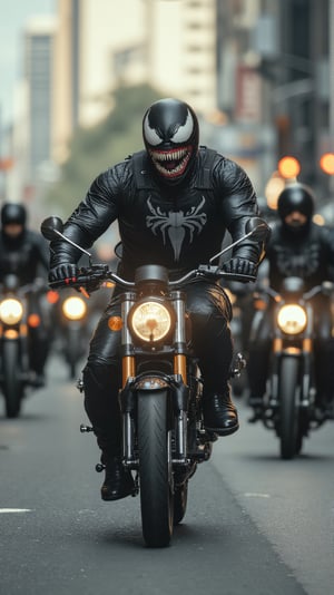 Police are chasing Venom on a motorcycle as he flees on a bicycle.