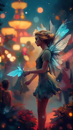 
Fairies fly around the glittering amusement park, very bright illuminations, God's light, heavenly light, bokeh