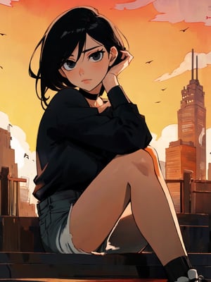 anime, 4k, intricate details BREAK from below, (from side:0.8), close-up, 1 girl, black eyes, black hair, flipped hair, sidelocks, eyelashes, bags under eyes, head tilt, head rest, sitting, leg up, hugging knee, black with white sneakers, black socks, black denim shorts, black shirt, long sleeves, choker, stairs, city, building, sunset,mature female, mature woman, womanly eroticism, mature womanly beauty, two legs