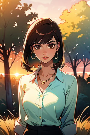 mature female, brunette, brown eyes, slight smile, mature woman, bangs, lips, breasts, white button-up blouse, bright sunrise, sunlight, trees and grass in background, realistic, high resolution, artistic, atmospheric, black slacks, gold hoop earrings, necklace, collarbone