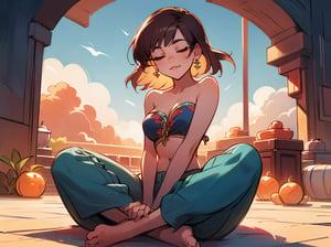 1girl, solo, breasts, bobbed hair, bangs, dangling earrings, brown hair, navel, bare shoulders, medium breasts, sitting, closed eyes, barefoot, midriff, pants, feet, lips, content smile, strapless,realistic, on floor, bandeau, tube top, indian style, closed mouth, serene, sacred space, daylight background, blurred background, open-air indoor space, sunshine, perfect hands, bright sunshine, blue sky, clouds