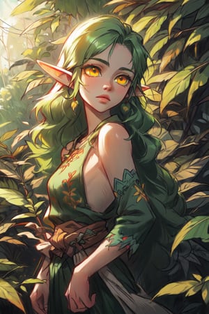 ,ClrSkt, 1girl, elf, elf ears, green hair, leaf laurel in her hair, long hair, pale skin, yellow eyes, beautiful face, mature female, enchanted woods setting, realistic, holding flower, string around her waist, cowboy shot, bare arms, long natural-looking tunic