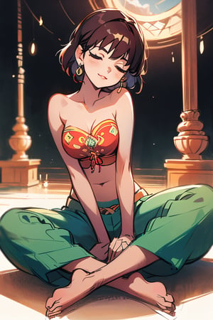 1girl, solo, breasts, bobbed hair, bangs, dangling earrings, brown hair, navel, bare shoulders, medium breasts, sitting, closed eyes, barefoot, midriff, pants, feet, lips, content smile, strapless,realistic, on floor, bandeau, tube top, indian style, closed mouth, serene, atmospheric, sacred space, daylight background, blurred background, open-air indoor space