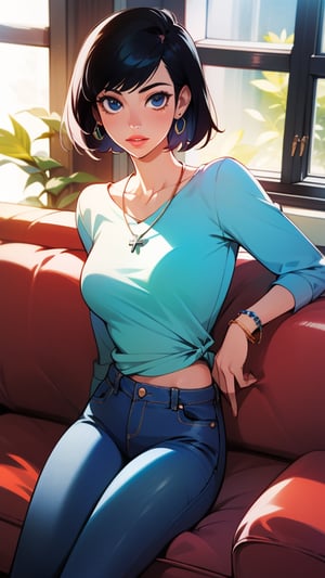 1girl, solo, looking at viewer, short hair, shirt, black hair, jewelry, sitting, pants, indoors, necklace, bracelet, lips, window, denim, couch, jeans, realistic