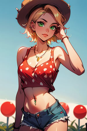 1girl, solo, short hair, blonde hair, shirt, cowgil hat, navel, jewelry, closed mouth, underwear, standing, panties, green eyes, white shirt, outdoors, shorts, sleeveless, day, midriff, blurry, crop top, short shorts, blurry background, piercing, denim, denim shorts, realistic, hand on headwear, hand on her hat, cutoffs, navel piercing, cowboy hat, photo background, red polka dot tank top, , cleavage, collarbone, neck, necklace, slight smile, lips, simple outdoor background with sky, red tank top, red tanktop with white polka dots