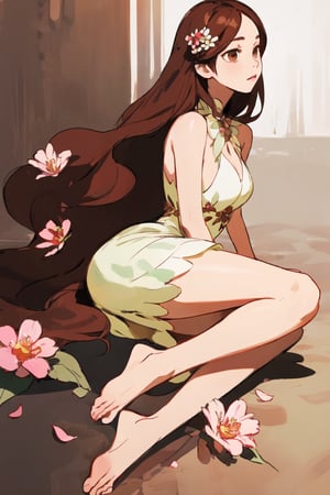 1girl, solo, long hair, brown hair, hair ornament, dress, brown eyes, flower, barefoot, cosplay, realistic