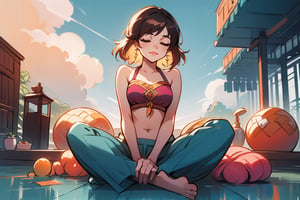 1girl, solo, breasts, bobbed hair, bangs, dangling earrings, brown hair, navel, bare shoulders, medium breasts, sitting, closed eyes, barefoot, midriff, pants, feet, lips, content smile, strapless,realistic, on floor, bandeau, tube top, indian style, closed mouth, serene, sacred space, daylight background, blurred background, open-air indoor space, sunshine, perfect hands, bright sunshine, blue sky, clouds