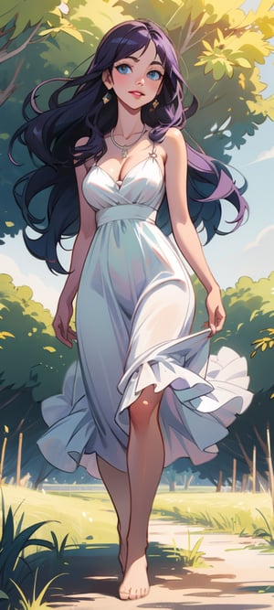 1girl, solo, solo girl, long flowing black hair, purple hair, very long hair, white sundress, bright sunshine, country path, outdoors, big blue sky, green trees and grass in background, full body, barefoot, one hand holding her dress, blue eyes, slight smile, looking at viewer, one hand at her side, dirt path, rich detail, mature female, medium breasts, walking, loose sundress, realistic, lips, sweet face, cleavage, pure white sundress, necklace