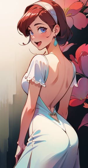(master piece:1.4),(hyper quality:1.2),(Hyper Detailed:1.4),(Perfect drawing),((clearface)),(Hi-Res),(she is wearing a beautiful dress visible only to those with a pure heart),,ass, looking back, looking at viewer, open mouth, from behind,indoors,smile, nice background,((beatiful backgrounds)),(((Detailed drawing))),Perfect Beautiful Girl,Perfect Photo,ultra delicate, clearly, super fine illustration, absorbres, pastel art, BREAK beautiful lighting, beautiful glow,watercolor, beautiful white dress, detailed white dress with lace, simple abstract background, backless dress, elegant and detailed hairband with flowers and jewels, photorealistic lighting