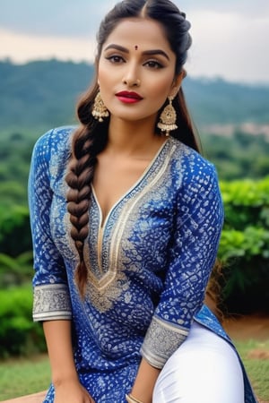 photo of a Indian woman stuns with her beautiful face, (full body shot, wide angle),  long braided hair that upto touch leg, perfect finger , well-defined arms and hand,  adorned in blue printed kurta and white tight pants, the image showcase her she accidentally slipped,  style,action shot