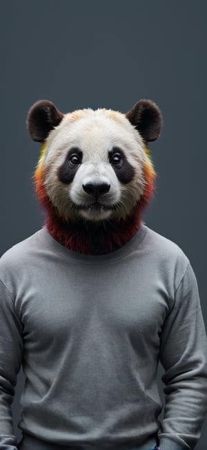 create a human with panda head, grey background, perfect lighting, colourful.,Movie Still,detailmaster2