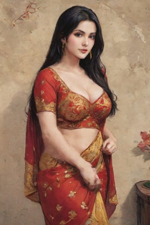 The image shows a woman with long, dark hair wearing a red and gold embroidered dress or sari. She has a warm, very big boobs, friendly expression on her face and is posing for the camera.milf,  huge breat, The background appears to be a simple, neutral setting, anime style 