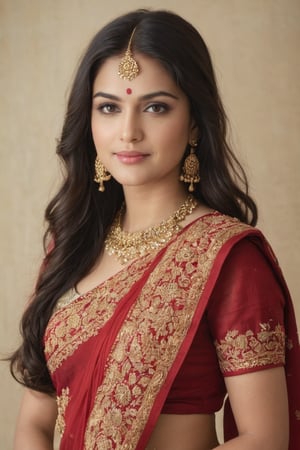 The image shows a woman with long, dark hair wearing a red and gold embroidered dress or sari. She has a warm, friendly expression on her face and is posing for the camera. The background appears to be a simple, neutral setting