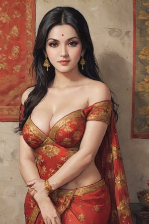 The image shows a woman with long, dark hair wearing a red and gold embroidered dress or sari. She has a warm, very big boobs, friendly expression on her face and is posing for the camera.milf,  huge breat, The background appears to be a simple, neutral setting, anime style 