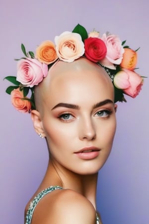 photo of a bald head girl, with a flower crown on head, beautiful face, full body, head to leg, show full body, 