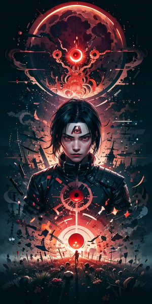 Itachi uchiha, sharingan eye, Naruto, red black jacket, tight suit, kamui relm of the Itachi,and the anime series ace, Fantastic Surrealism, ,,red moon, , Fantasy Landscapes, , Art, Surrealism,, Biomechanical Sculpture, Turned to the Camera, red Background, 3D Vector Art, ,  Detailedface, Detailedeyes, 1 boy, 