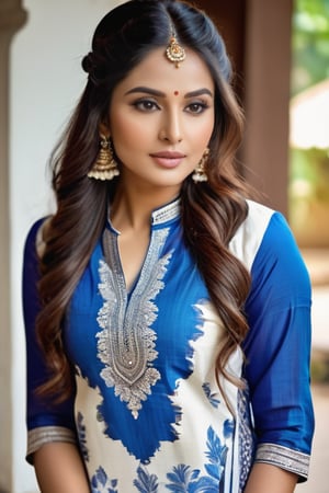 photo of a Indian woman stuns with her beautiful face, (),  long braided hair,, well-defined arms.  adorned in blue printed kurta and white pants, style,action shot