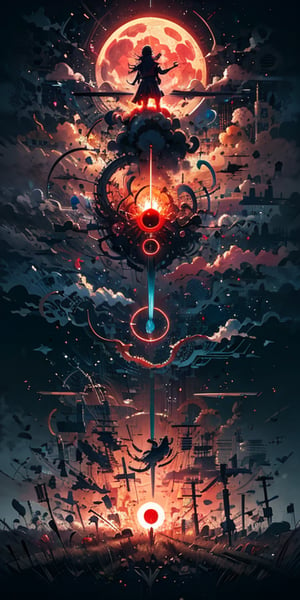 Itachi uchiha, sharingan eye, Naruto, red black jacket, tight suit, kamui relm of the Itachi,and the anime series ace, Fantastic Surrealism, ,,red moon, , Fantasy Landscapes, , Art, Surrealism,, Biomechanical Sculpture, Turned to the Camera, red Background, 3D Vector Art, ,  Detailedface, Detailedeyes, 1 boy, 