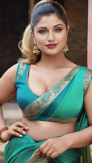 (realistic, best quality), (realistic, photo-Realistic:1.3), beautiful, 16K, wide shot, full body view from the front, ponytail bang, very big boobs, breast out, chubby arm, perfect curve body, wearing v neck Sleeveless blouse and saree, , blonde women, Indian,1 women