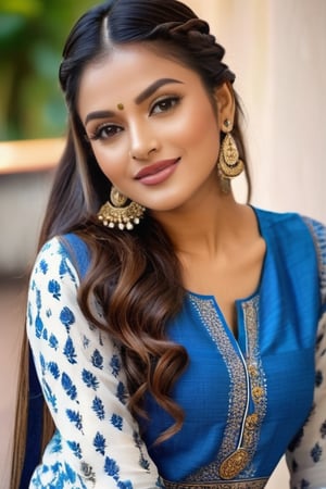 photo of a Indian woman stuns with her beautiful face, (full body shot, wide angle),  long braided hair that upto touch leg, perfect finger , well-defined arms and hand,  adorned in blue printed kurta and white tight pants, the image showcase her she accidentally slipped,  style,action shot