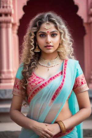 A cute girl  model who have curly hairs , grey eyes , rosy lips , sharp jaw line , curved figure , wearing indian outfit and standing in front of a temple .