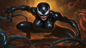 Female venom busty body with uncovered womens face like margot robie, crawling with black tentacles, three-dimensional, coarse, mucus, symbiote, strong body, swollen muscles