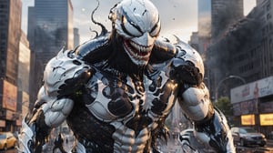 3d render of a highly detailed [Venom] Marvel, Glass made ultra Detailed translucent Venom, hdr, 8k, subsurface scattering, specular light, highres, octane render, ray traced, full body, destroyed city background, white suit,cyborg style,cyborg