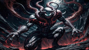 venom symbiote as a cosmic god fused with the ￼, high quality, high details, masterpiece, 8k, ultra quality, strong pose, space, glowing, sky, realistic, planet, eldritch_abomination, galaxy, cosmic energy, evil smile, red energy 
