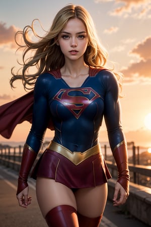 raw photo, (Supergirl), fashion photography of cute light blonde long hair girl (Supergirl), dressing high detailed Supergirl suit, (high resolution textures), in dynamic pose, (random background), depth of field, detailed, sunset light passing through hair, perfect sunset,losspgirl