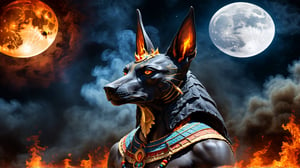 HD image of Anubis realistic detailed, multicolored detailed fire and smoke, moon background