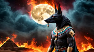 HD image of Anubis multicolored detailed fire and smoke, moon background
