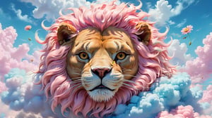 Pastel color palette, in dreamy soft pastel hues, pastelcore, pop surrealism poster illustration ||  a painting of a lion sleeping in the clouds, ash thorp, long hair with pastel colors, 🎀 🪓 🧚, depicting a flower, made in 2019, anthropomorphic female cat, the artist has used bright, lush wildlife, pastel coloring, pink and blue colour || bright hazy pastel colors, whimsical, impossible dream, pastelpunk aesthetic fantasycore art, beautiful soft pastel colors
