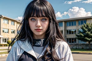 1girl, solo, long hair, looking at viewer, bangs, shirt, black hair, long sleeves, school uniform, white shirt, upper body, outdoors, sky, serafuku, day, cloud, blunt bangs, blue sky, lips, grey eyes, building, armband, white eyes, hyuuga hinata