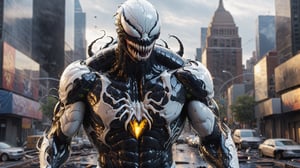 3d render of a highly detailed [Venom] Marvel, Glass made ultra Detailed translucent Venom, hdr, 8k, subsurface scattering, specular light, highres, octane render, ray traced, full body, destroyed city background, white suit,cyborg style,cyborg