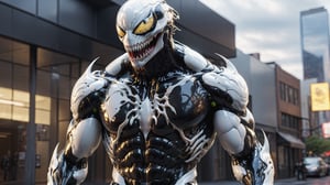 3d render of a highly detailed [Venom] Marvel, Glass made ultra Detailed translucent Venom, hdr, 8k, subsurface scattering, specular light, highres, octane render, ray traced, full body, white suit,cyborg style,cyborg