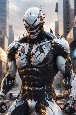 3d render of a highly detailed [Venom] Marvel, Glass made ultra Detailed translucent Venom, combat pose, hdr, 8k, subsurface scattering, specular light, highres, octane render, ray traced, full body, destroyed city background, white suit,cyborg style,cyborg