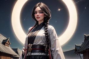 Unohana Retsu stands regally in the foreground, against a backdrop of star-studded night sky, her piercing gaze locking onto the viewer's. A warm smile spreads across her face, framed by long eyelashes and dramatic eyeliner. Her striking features are accentuated by her raven-black kimono and skirt, blending seamlessly with shadows, while her crisp white coat adds elegance. A single braid cascades down her back like a golden river. Her mature figure is emphasized by her generous bust. In the subtle background, Japanese architecture's serene beauty subtly reflects the celestial setting.