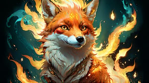 portrait of a flaming fox, golden outlines, flaming aura, highly detailed, intricate motifs, organic tracery, perfect composition, digital painting, artstation, concept art, smooth, sharp focus, illustration, Carne Griffiths, pixar, Victo ngai, Jean Baptiste Monge