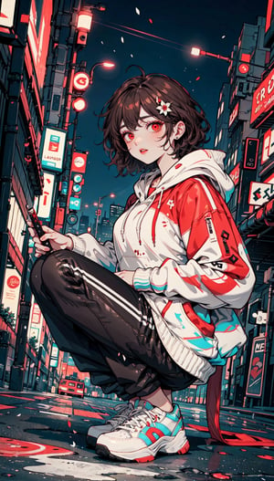 wearing oversized hoodie, blood face, red eyes, short hair, wearing trousers, wearing sports shoes, flower in hair, city background, night street, cyberpunk, high resolution 9k, smooth graphic, brown hair colour, holding a knife, squat