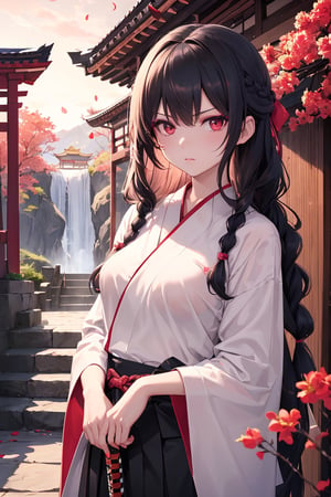 (wearing a katana:1.1),masterpiece, best quality, incredibly absurdres, highres, high detail eyes, high detail background,1 girl,kyudo uniform,jet black hair,waterfall braid,red eyes,red hairband,makeup,medium breasts,skinny,gorgeous temple,goldenhour,rim light,serious,pink petals,stair