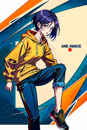 Woman wearing an oversized orange hoodie, purple hair, short hair, right eye blue, left eye red, wearing trousers and sports shoes, 21 years old, holding a card