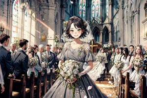 woman wearing a grey dress, holding wedding flowers, short hair, in the church, smiling