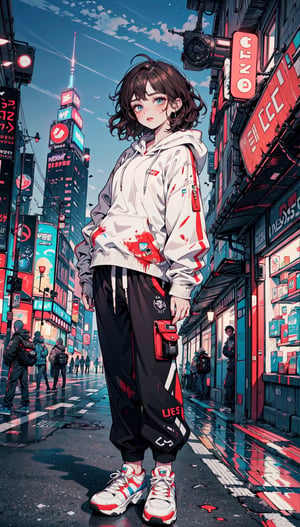 wearing oversized hoodie purple colour, blood face, blue eyes, wolfcut hairstyle, wearing trousers, wearing sports shoes, flower in hair, city background, night street, cyberpunk, high resolution 9k, smooth graphic, brown hair colour 