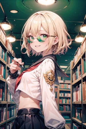 woman, short hair, green eyes, anime background, smooth graphic, crop top, glowing in the dark, gold hair, smile, resolution 8k, sunglasses, holding a pen, school background, library